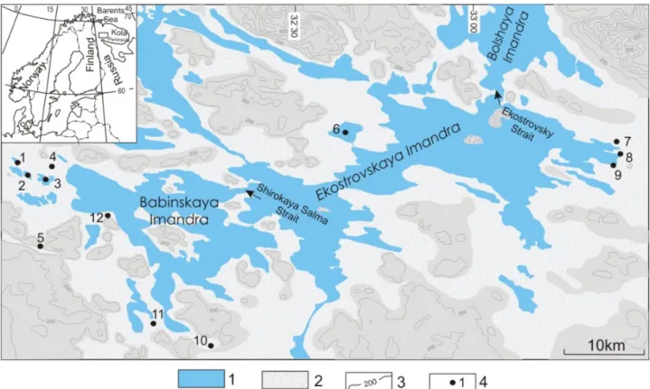 Fig 1. Location map of the study area: 1 – present-day Imandra Lake, 2 – coastal areas of the  Imandra Lake, inundated by the water in the Late Glacial and Holocene; 3 – elevation (100 m  contour interval), 4 – studied localities