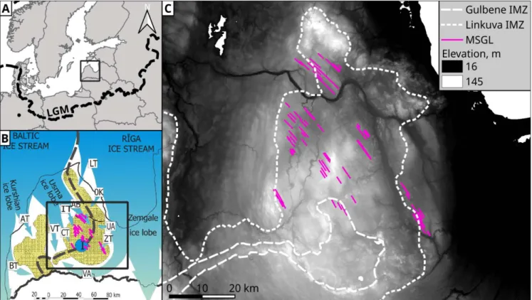 Figure 1: A – location of study area. Area of B shown with a square; B – major ice flow directions  after Zelčs and Markots (2004)