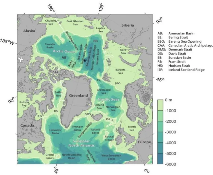Fig. 1:  Bathymetry of the Arctic Ocean and subpolar North Atlantic derived from the ETOPO2 database in 2-minute  resolution
