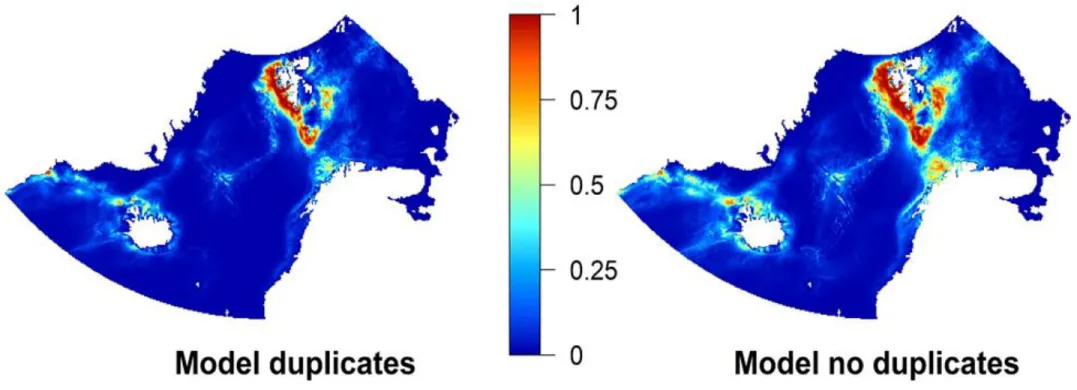Fig.  6: Prediction maps of model duplicates  and model noduplicates . Habitat suitability ranges from 0 (blue; low) to 1 (red; high)