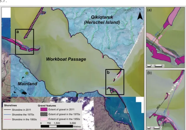 Figure 3-7: Map of dynamic movement of coastal features at the southern end of Herschel Island  with a focus on the western and eastern entrance to the Workboat Passage