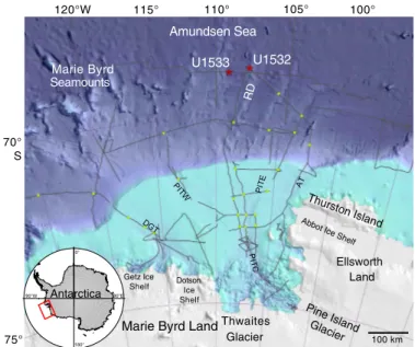 Figure F1. Eastern Amundsen Sea continental shelf and rise bathymetry. Red stars mark Expedition 379 sites on Resolution Drift (RD), which is one of five large north-northeast–striking sediment drift bodies on the rise