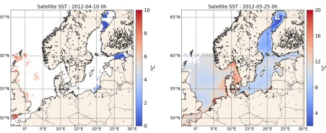 Figure 3: Satellite SST observations on both model grids. Shown are two extremes of data coverage