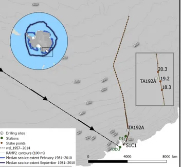 Figure 1. Map showing the location of the drilling sites of the S1C1 and TA192A firn cores (black points), the Dumont d’Urville and D17 stations (green points), the stake points (in brown;  in-cluded the three closest stake points from the TA192A, namely t