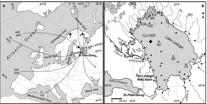 Fig. 1. A. Schematic maps showing the Lake Ladoga region with typical trajectories for cyclones modified from Shver et al