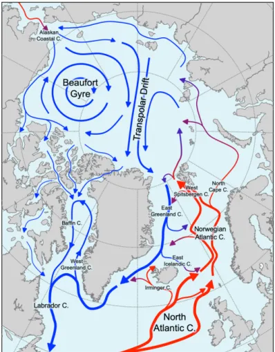 Figure 1.2. Surface currents in the Arctic Mediterranean and in the Subpolar North Atlantic Ocean