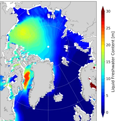 Figure 1.5. Liquid freshwater content (S ref  = 34.8, integrated from surface down to S ref ) in the Arctic  Ocean and in the Subarctic North Atlantic