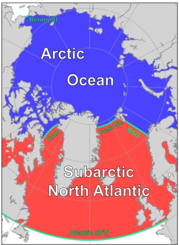Figure 2.4. The domains and sections used in this study. The blue area is the Arctic Ocean, the  red is the Subarctic North Atlantic (comprising the Nordic Seas and the Subpolar North Atlantic  Ocean north of 50°N)