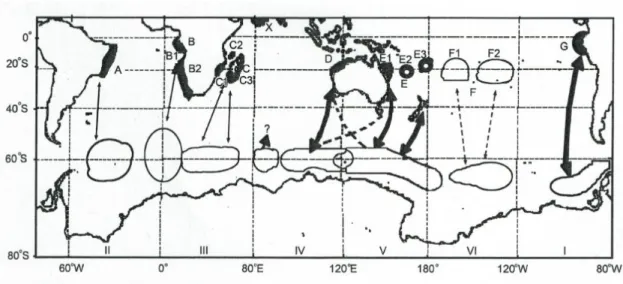 Fig.  1  Map  of  the  stock  structure  and  migration  routes  of  humpback  whales  in  the  southern  hemisphere  (Gales  et  al.,  2011)