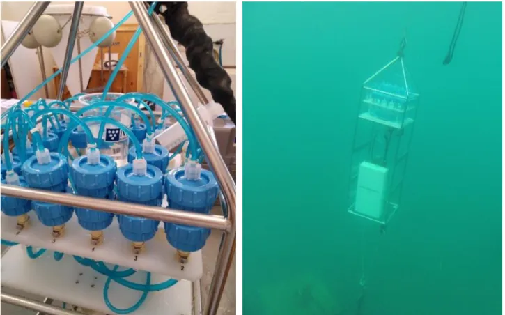 Fig. 1. Detailed set up of two filters for microplastic sampling (left) which were deployed by PLOCAN (right) (Fotos: M