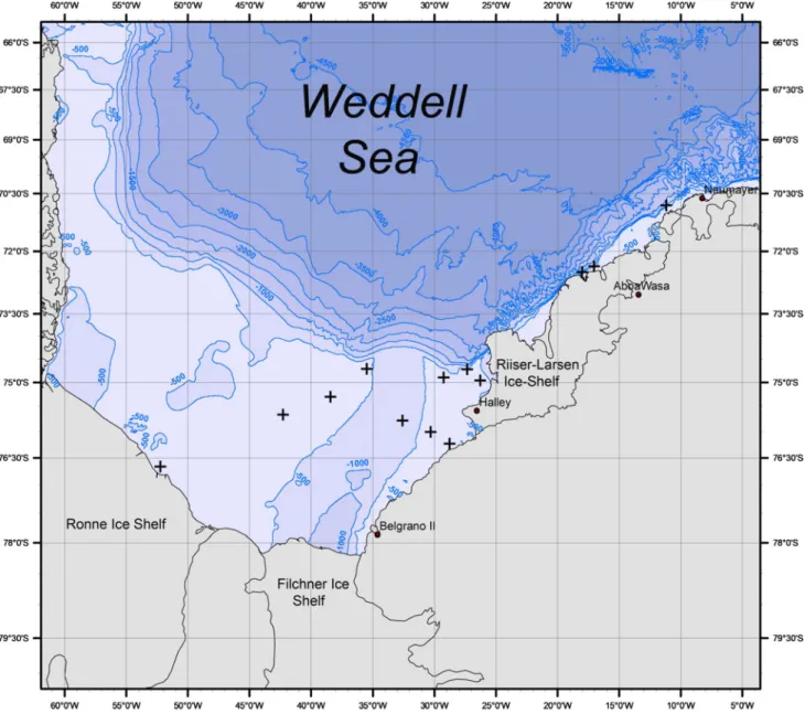 Fig. 1    Map of the Weddell Sea, showing the geographic positions (crosses) where the Ocean Floor Observation System (OFOS) was deployed  during the Polarstern cruise ANTXXXI/2 (PS 96) from December 2015 to February 2016