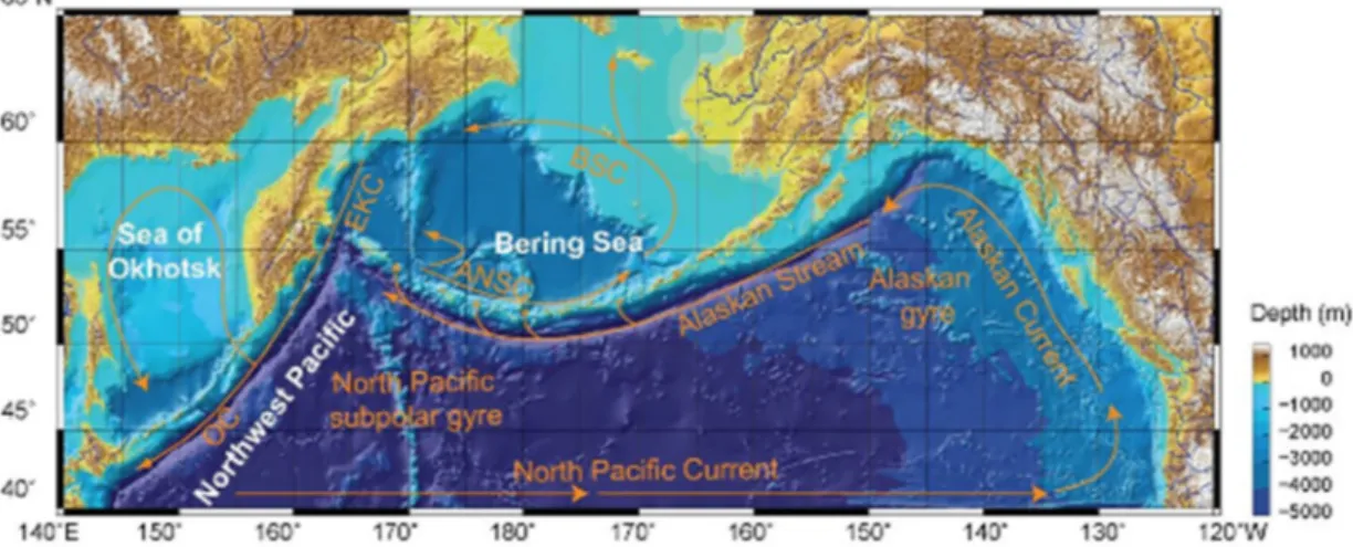 Figure 1. Bathymetric chart of the study region with major oceanic surface currents (orange arrows)  from Max et al