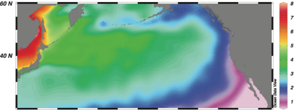 Figure 3. Ventilation characteristics of North Pacific mid-depth water masses, as evidenced by oxygen  concentration in mL/L on density surface 26.8 kg/m 3 