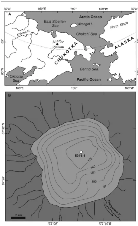 Fig. 2. Maps showing:  A – location of El’gygytgyn Lake (black circle),   B – bathymetry of the lake
