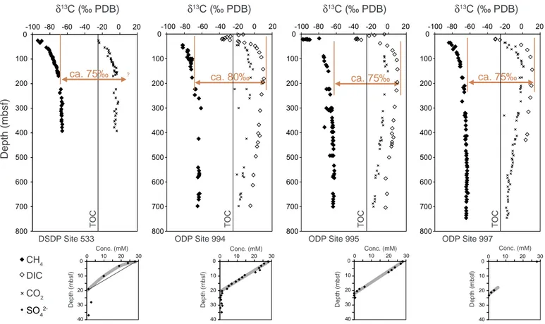Fig. 8. Measured profiles of δ 13 C DIC and δ 13 C CH 4 from different DSDP and ODP sites at the Blake Ridge: Site 533 (at 3191 m water depth; DSDP Leg 76; Galimov and Kvenvolden, 1982); Sites 994, 995, and 997 (at 2798, 2779 and 2770 m water depth, respec