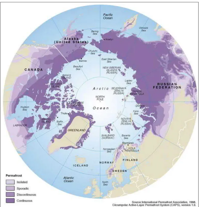 Figure 2: Distribution of permafrost in the Arctic with delineation into four zones: contin- contin-uous, discontincontin-uous, sporadic and isolated (Brown et al