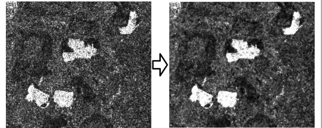 Figure 8: Calibrated SAR image (left) and image after applying a Refined Lee speckle filter (right)