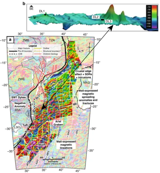 Fig. 2 Young volcanism on the Mozambique Ridge. a Gridded anomaly map of the total magnetic ﬁ eld intensity (TMI) in the Mozambique Basin from ref