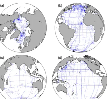 Figure 9. Locations of stations included in the (a) Arctic, (b) At- At-lantic, (c) Indian, and (d) Pacific ocean product files for the whole GLODAPv2.2019 data set.
