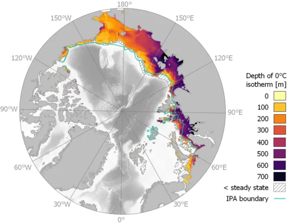 Figure 4. The distribution of modeled postindustrial cryotic sediment and the depth of the lower 0 ◦ C isotherm beneath the Arctic Ocean Shelf seas