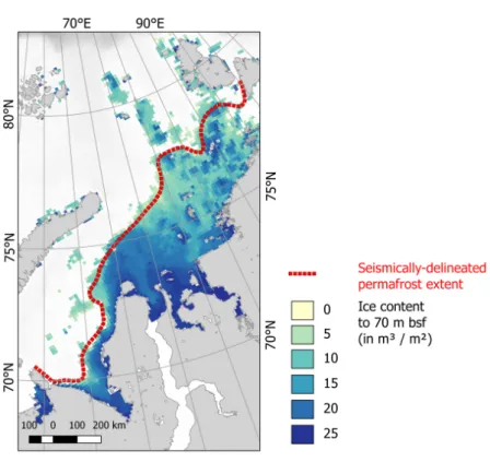 Figure 7. Comparison of model output, in this case, ice content in the uppermost 500 m of the sediment column beneath the sea floor (in m 3 m −2 ), to the extent of seismically-delineated permafrost reported in Ruppel et al