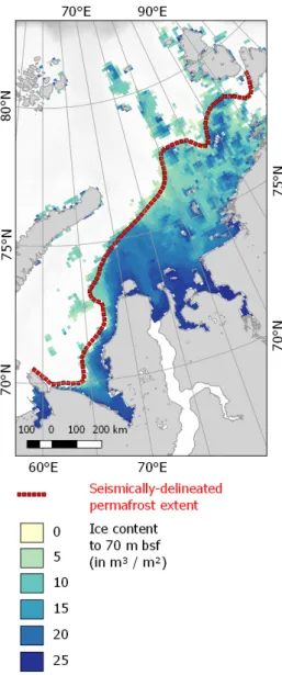 Figure 8. Comparison of model output, in this case ice content (in m 3 m −2 ) for the upper- upper-most 70 m of the modeled sediment column, to the extent of seismically-delineated permafrost reported in Rekant &amp; Vasiliev (2011).