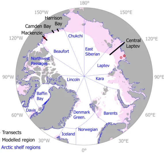 Figure 1. The modeled domain includes Arctic shelf regions with modern water depths less than 150 m (shaded pink)