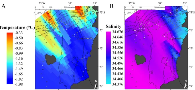 Fig. 5. (A) Near-seabed temperature and (B) salinity in the Filchner Region during R/V ‘Polarstern’ cruises PS82 and PS96