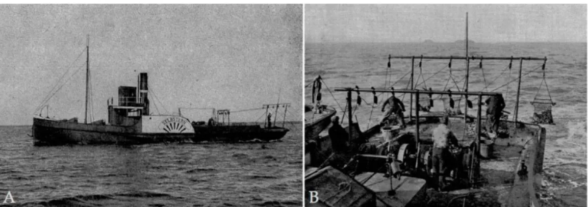 Figure 3. Oyster trawler Gelbstern (A) and oyster dredges (B). Modified after Hagmeier and Kändler (1927)