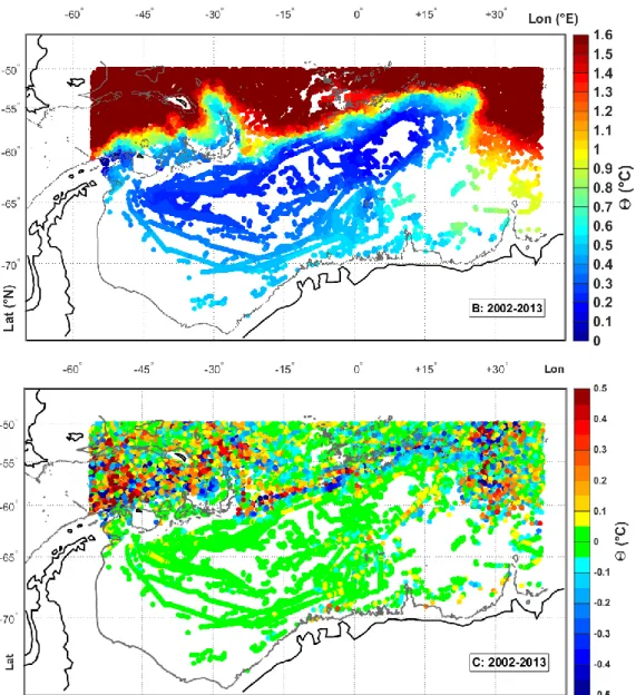 Figure  3.16.  Conservative  temperature  (°C)  at  800  dbar  for  the  entire  time  period,  where  panel  (a)  shows the original float data, panel (b) shows the float data objectively mapped to the profile locations  and panel (c) shows the difference