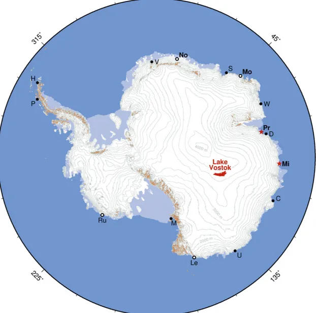 Abb. 1: Übersichtskarte des antarktischen Kontinents. Der Umriss des subglazialen Lake Vostok in der zentralen Ostantarktis ist rot hervorgehoben