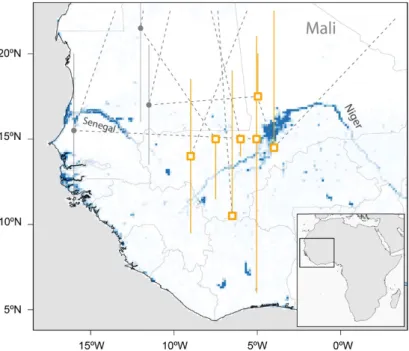 Figure 2.  Major sub-Saharan staging sites (rectangles) of six tracked Aquatic Warblers (EN, HK,  OY, PO, OX, RR)
