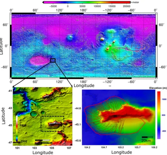 Fig. 1. Top: MOLA global topography with the location of the LDA marked with a rectangle