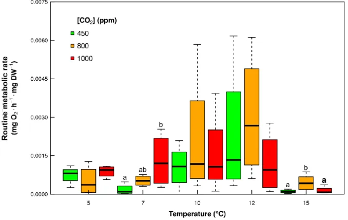Fig.  6  Routine  metabolic  rate  (in  mg  O 2 ·h -1 ·mg  DW -1 )  of  plankton  acclimated  to  five  different  temperatures  (5,  7,  10,  12  and  15°C)  and  three  CO 2   concentrations  (green=  450  ppm,  orange=  800  ppm, red= 1000 ppm); horizon
