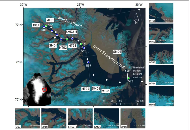 FIGURE 1 | Landsat 8 false color images (OLI/TIRS C1 Level-1, courtesy of the U.S. Geological Survey) of the period of sampling (15 to 26 July 2016, depending on image availability and cloud cover), showing the Scoresby Sund fjord system and the fjord part