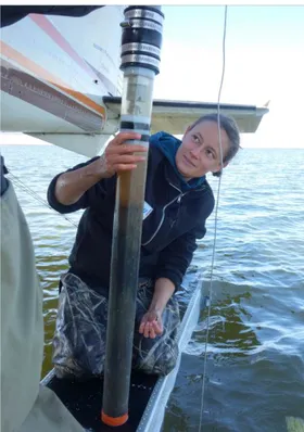 Figure 7: Core taking on a float boat with a piston corer (Photo: Juliane Wolter) 
