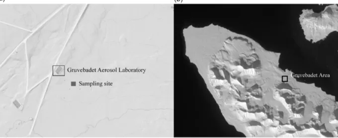 Figure 1. Location of the experimental area in the proximity of Ny-Ålesund research village (black rectangle – b) and the site of experiments (grey rectangle – a) behind the Gruvebadet Aerosol Laboratory