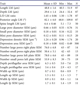 Table 2. Morphometric measurements for Prorocentrum micans strain A10 as measured with light microscopy (LM) or scanning electron microscopy (SEM).