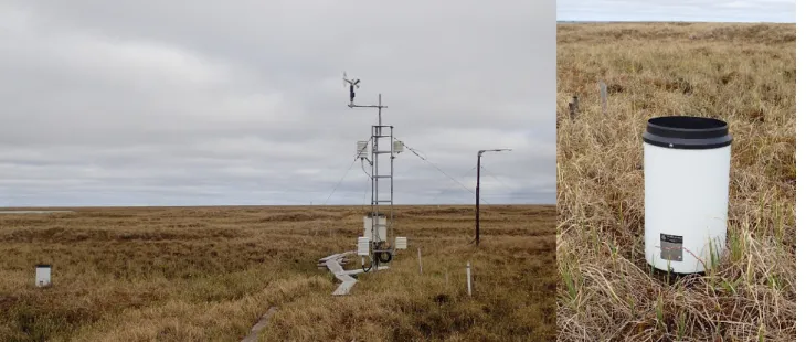 Figure 4.2: Left: meteorological station on Samoylov Island; right: tipping bucket gauge for rainfall measurements