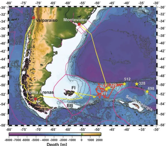 Fig. 3.1  Track chart (yellow lines) of cruise MSM81. Bathymetry from Smith and Sandwell (1997)
