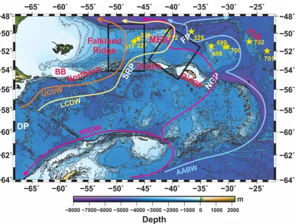 Fig. 3.1     Bathymetric map of the Drake Passage (DP), the Scotia Sea, and the Falkland Plateau (Smith and  Sandwell,  1997)