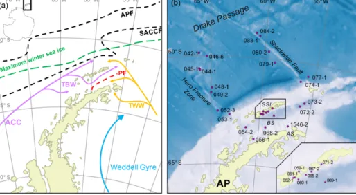 Figure 2. (a) Oceanographic setting of the study area (modified after Hofmann et al., 1996; Sangrà et al., 2011); ACC: Antarctic Circum- Circum-polar Current, TBW: Transitional Bellingshausen Water, TWW: Transitional Weddell Water, APF: Antarctic Polar Fro