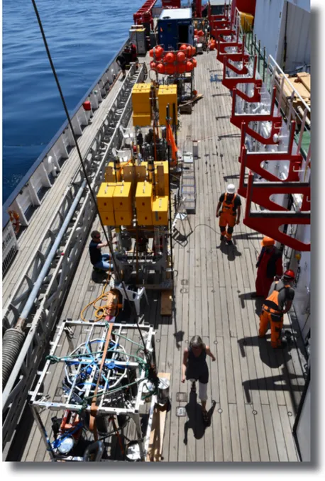 Figure 5.1 Different lander systems on the deck of RV SONNE for investigating the  Atacama trench system (Foto: F