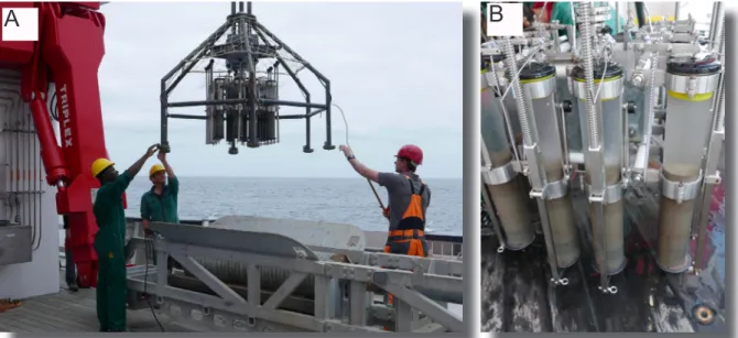 Figure 7.2.1 Recovery of the MUC (A) and sediment cores from 8063m water depth (Fotos:  