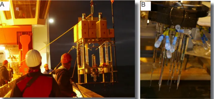 Figure 7.5.2.1 Recovery of the hadal Profiler-Lander (A) and mounted electrodes (B) (Fotos: 