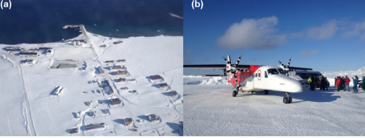 Figure 1. View on Ny Ålesund from a plane (a) and a small airplane on airstrip of Ny Ålesund (b)