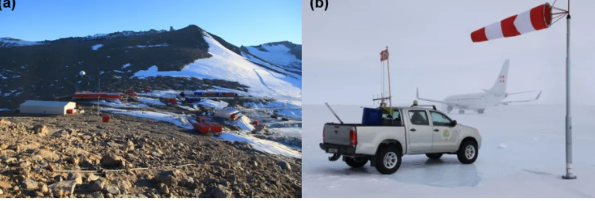 Figure 2. Troll Station (a) and Troll airfield (b) with a parked Boeing 737 aircraft. Credits: Sven Lidström (Norwegian Polar Institute).