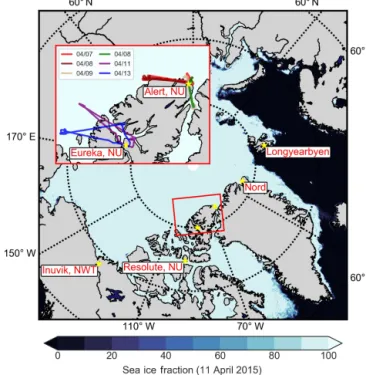 Figure 1. Map of the NETCARE 2015 campaign study area, show- show-ing sea ice concentrations on 11 April 2015 (Spreen et al., 2008)