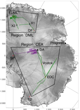 Figure 1. Overview of East Antarctica with the RES profiles along which we continuously traced IRHs (green lines: AWI data,  pur-ple lines: AGAP-South data) and deep drill sites, stations and other locations mentioned in the text