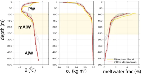 Figure 1.5: Potential temperature, salinity and meltwater content proles in 2016 for CTD casts at the calving front and in Dijmphna Sund in 2016